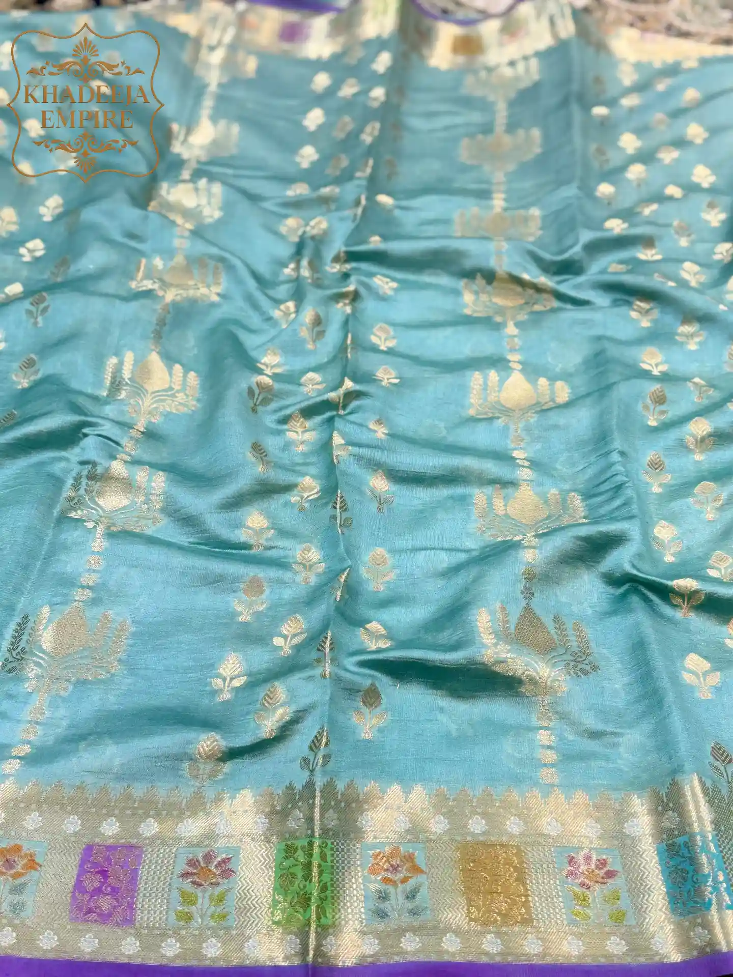 Royal Sky Blue Pure Banarasi Silk Saree with All-Over Multicolour Floral Meenakari Zari Weaving & Rich Traditional Border, view 4