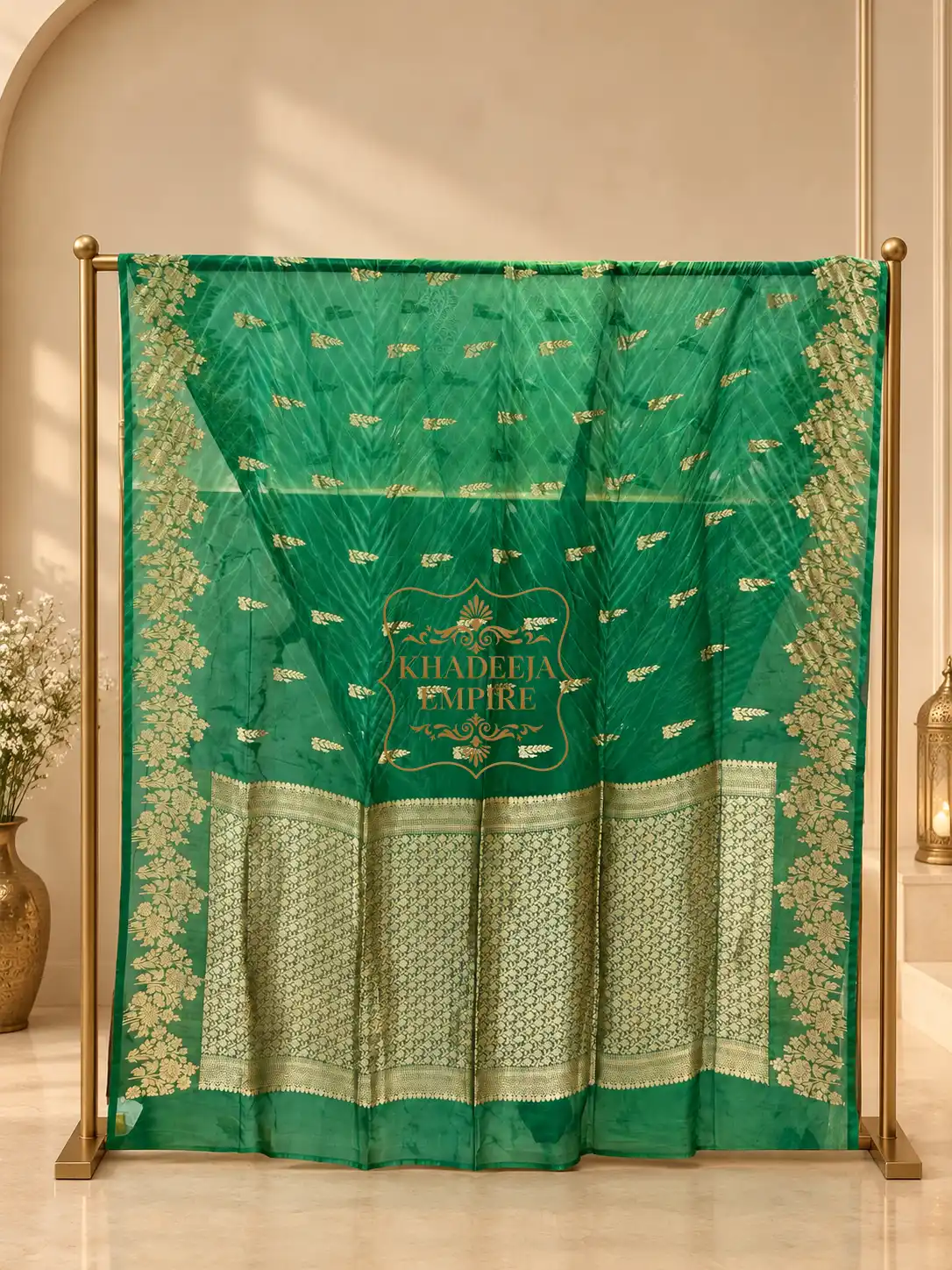 Green Pure Kora Silk Handloom Banarasi Saree with Gold Zari Butis, Intricate Floral Border & Rich Brocade Pallu, view 1