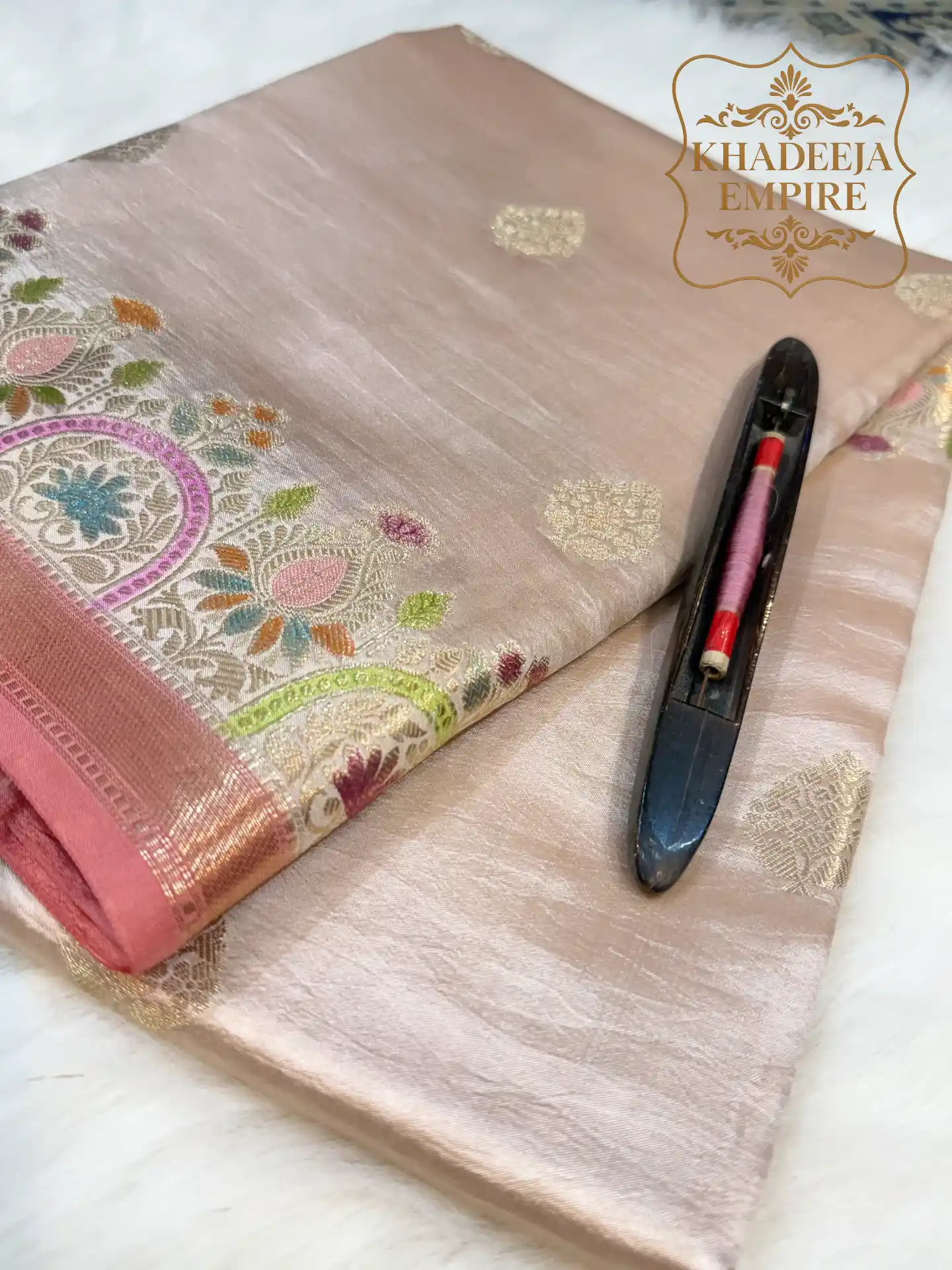 Pure Mango Silk Handloom Banarasi Saree with Multicolour Meenakari Butis, Pastel Pink Border & Floral Pallu, view 1