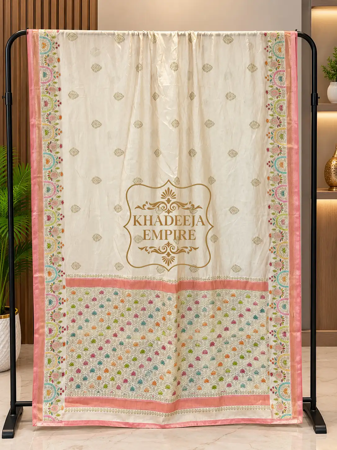 Pure Mango Silk Handloom Banarasi Saree with Multicolour Meenakari Butis, Pastel Pink Border & Floral Pallu, view 2