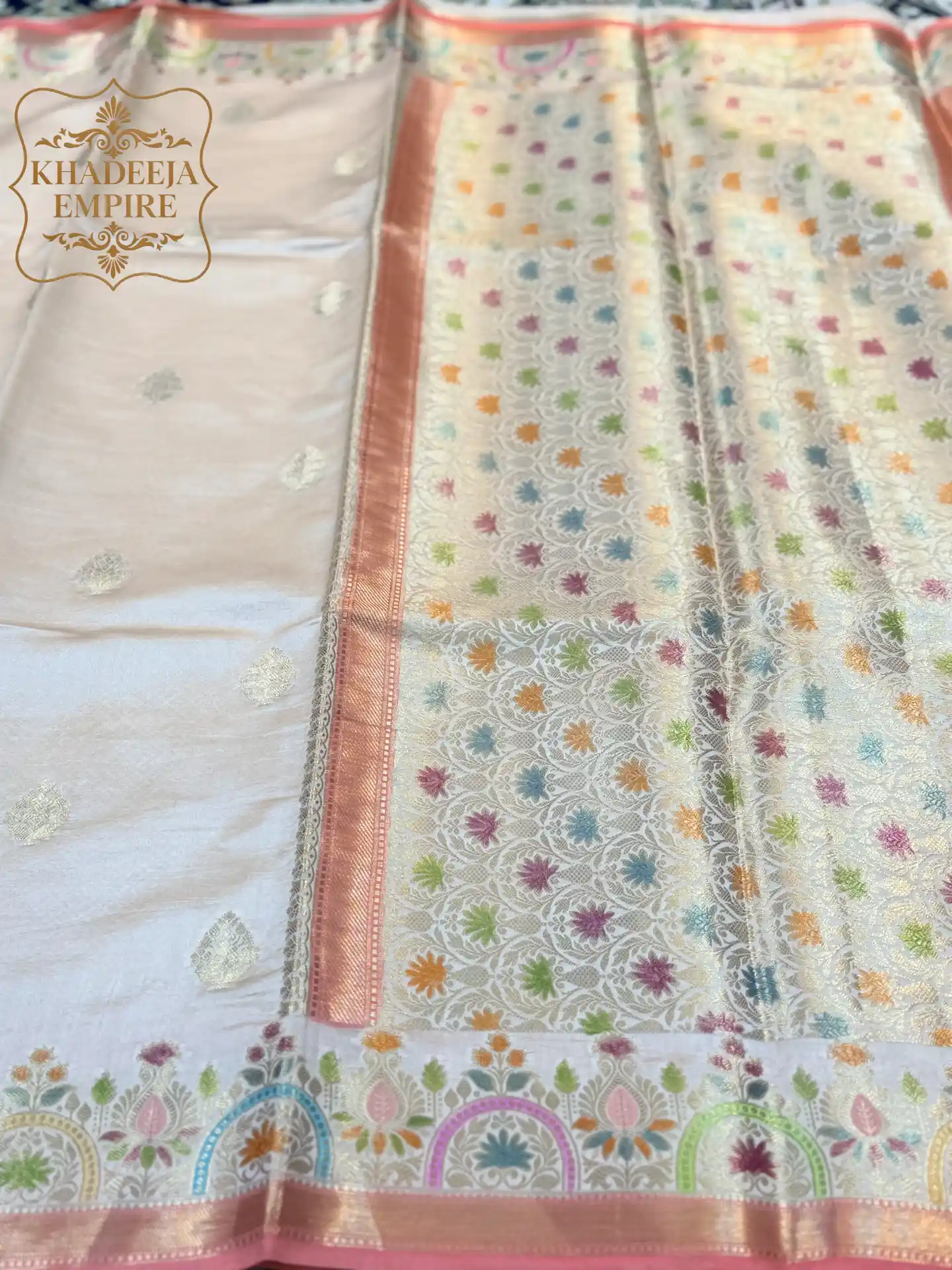 Pure Mango Silk Handloom Banarasi Saree with Multicolour Meenakari Butis, Pastel Pink Border & Floral Pallu, view 3