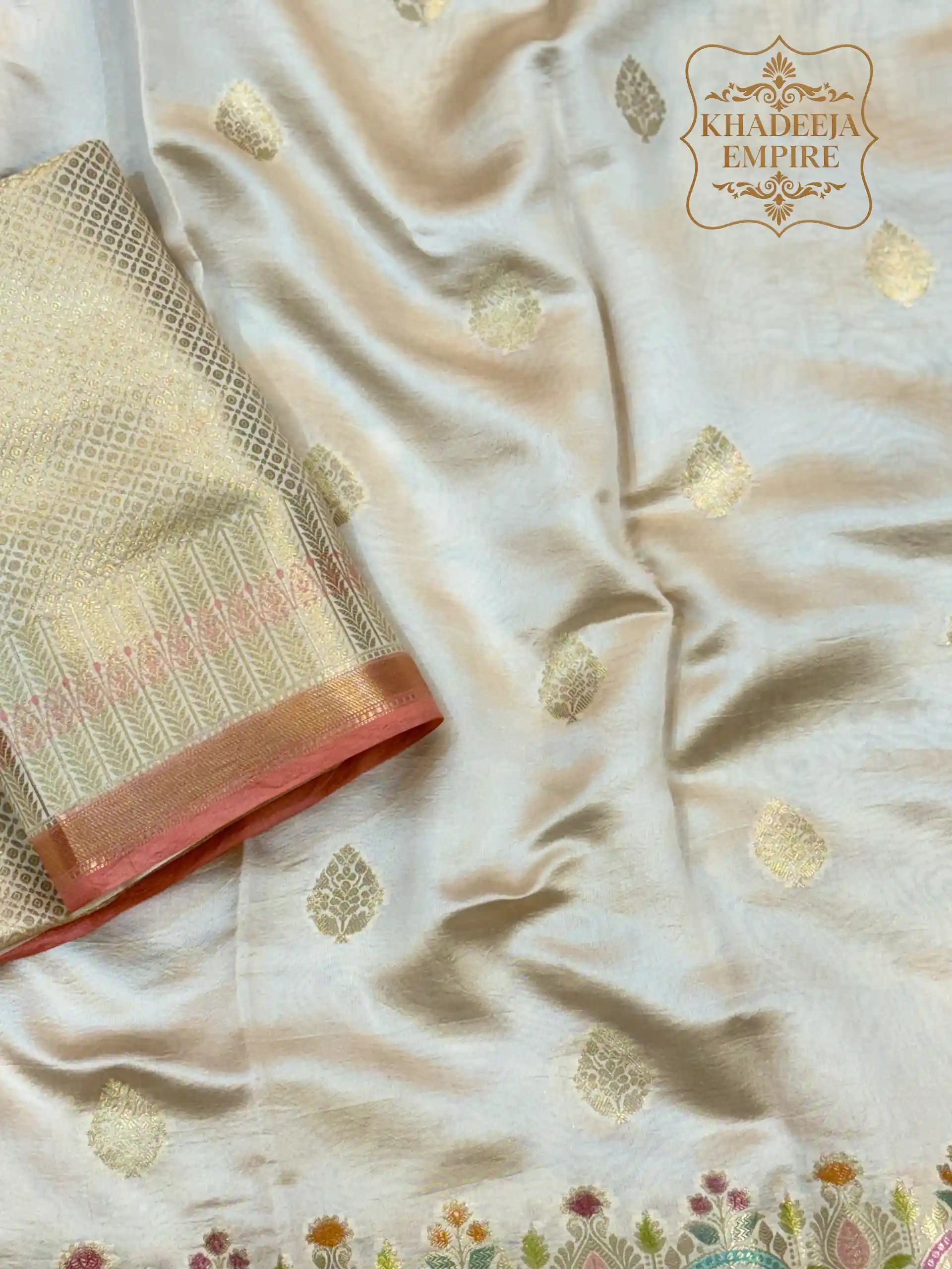 Pure Mango Silk Handloom Banarasi Saree with Multicolour Meenakari Butis, Pastel Pink Border & Floral Pallu, view 5