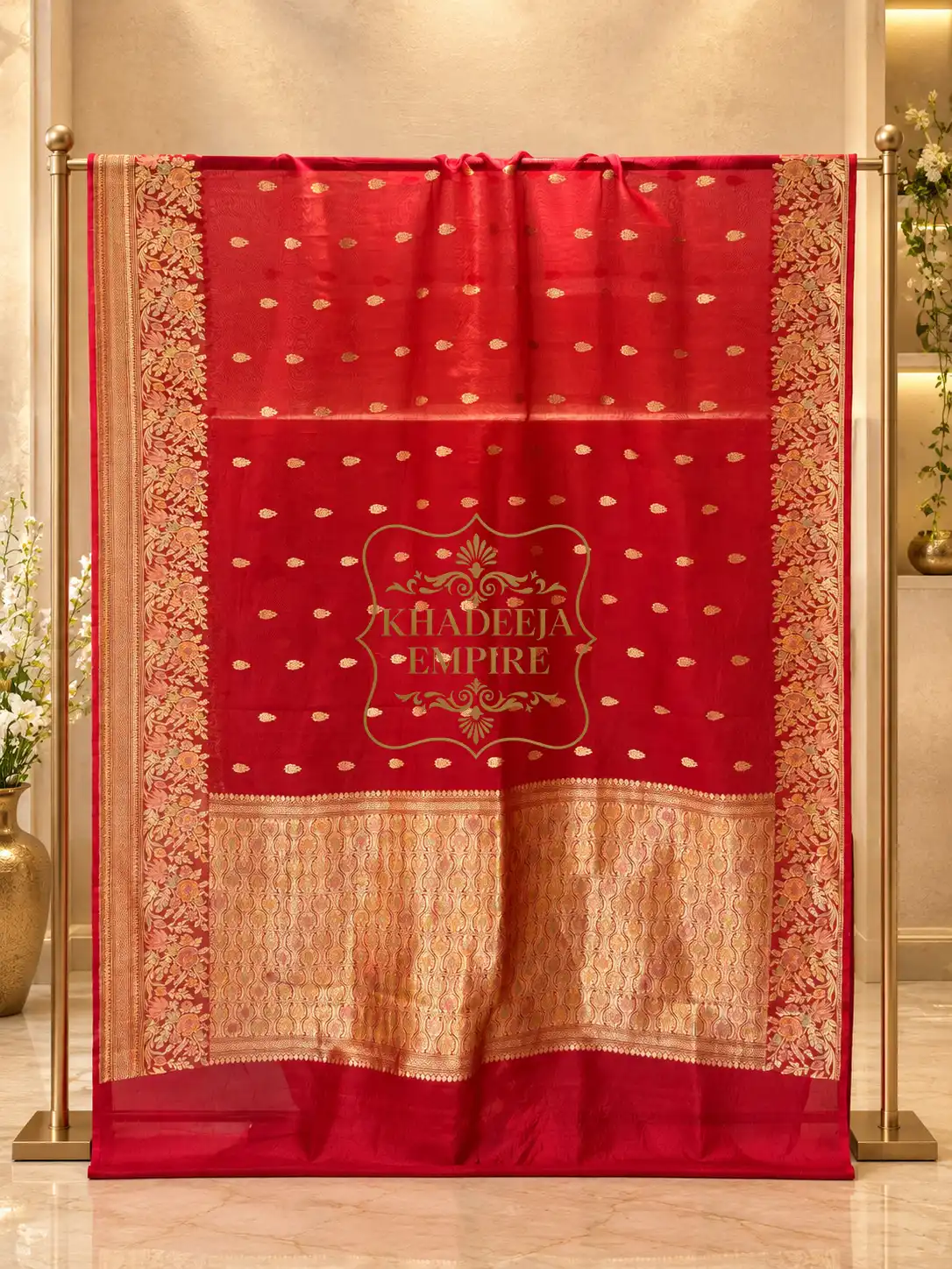 Red Pure Kora Silk Handloom Banarasi Saree, view 2