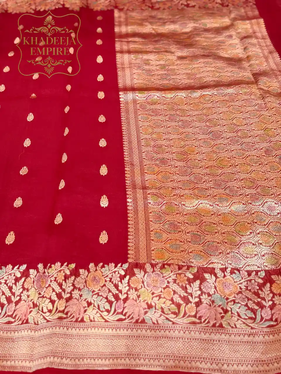Red Pure Kora Silk Handloom Banarasi Saree, view 3