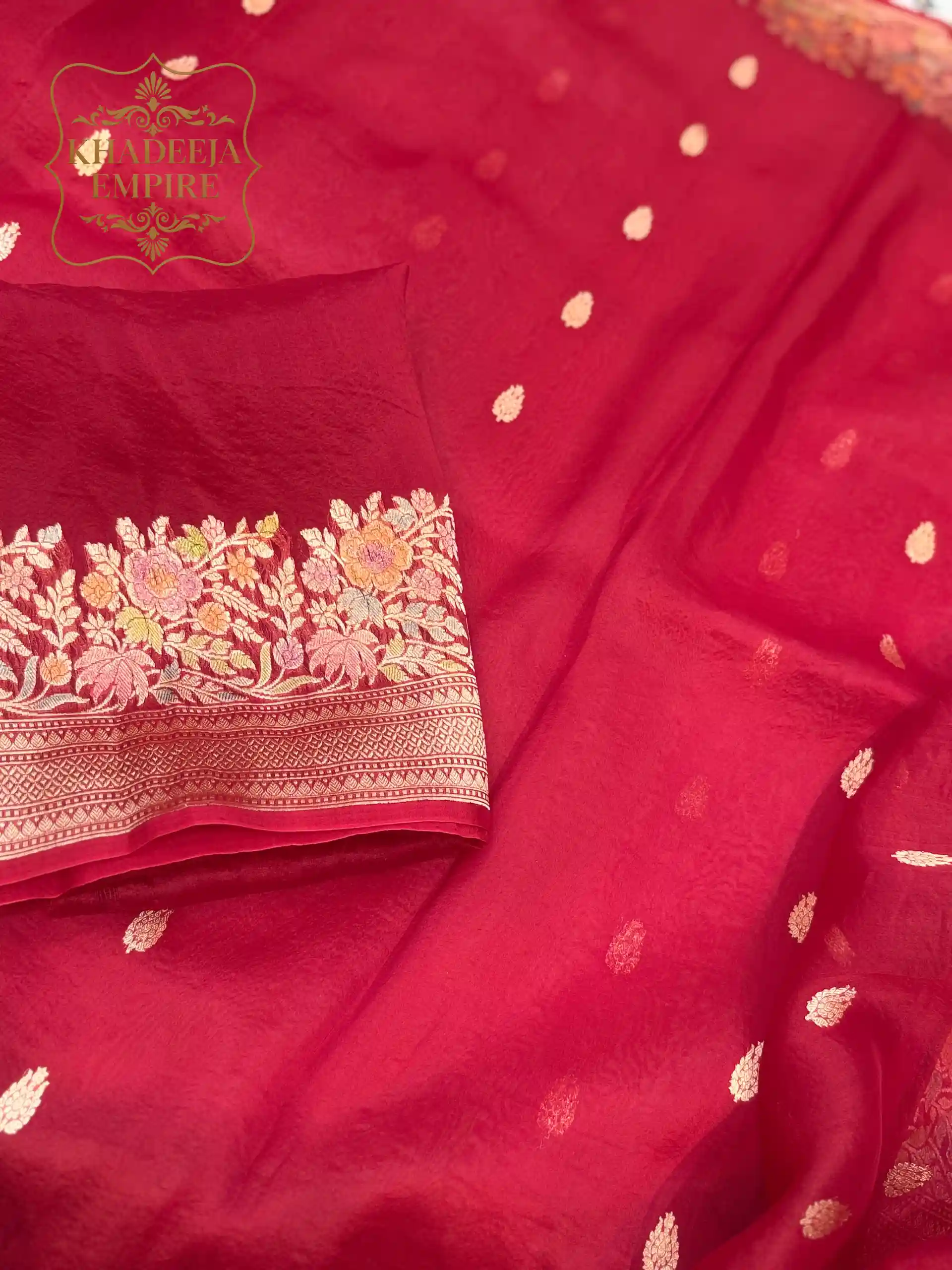 Red Pure Kora Silk Handloom Banarasi Saree, view 5