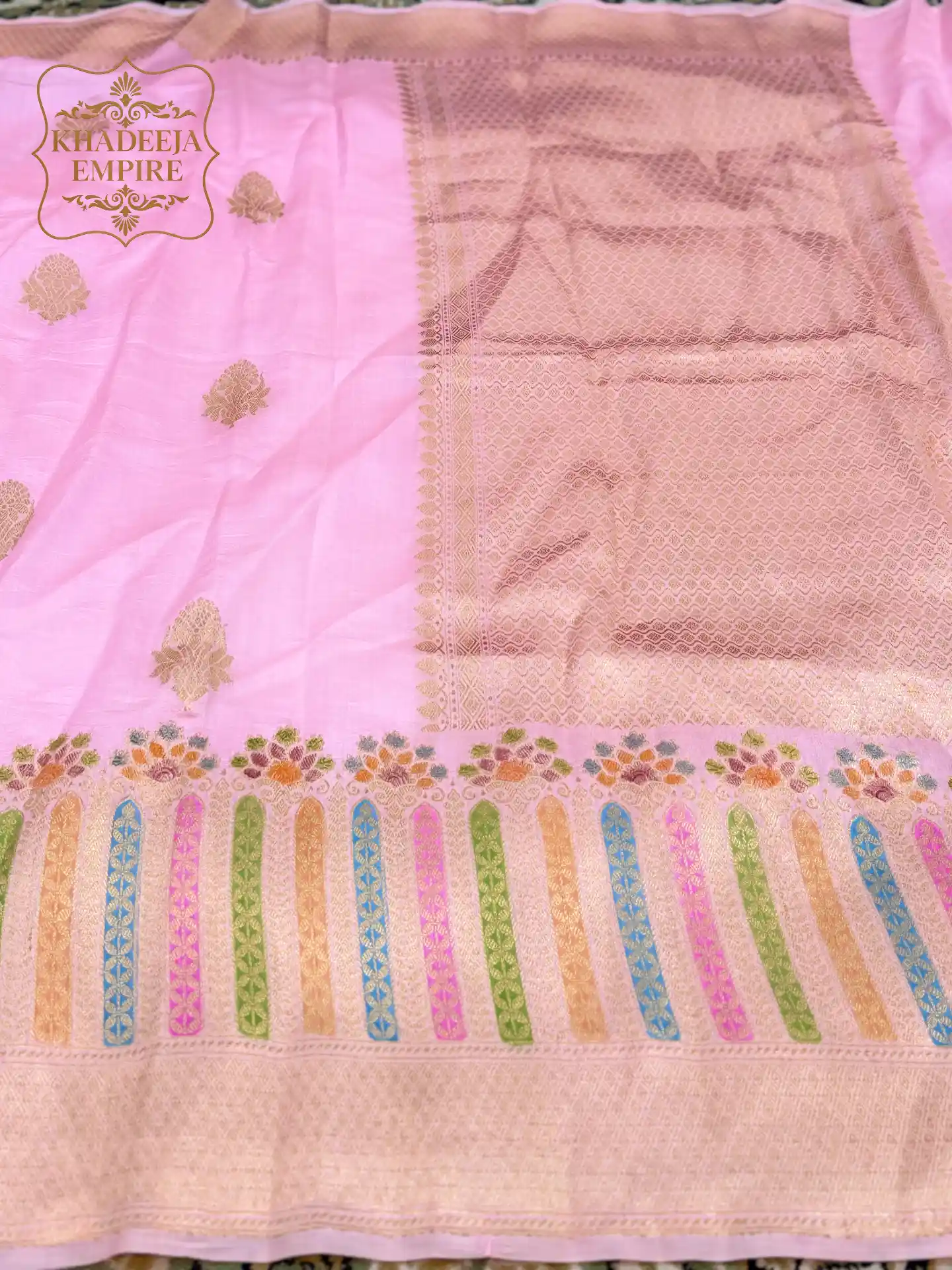 Baby Pink Pure Mango Silk Handloom Kadwa Banarasi Saree, view 3